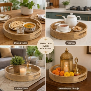 Plateau rond artisanal en bois de manguier avec poignées découpées pour servir des fruits, des collations, du petit-déjeuner et une présentation élégante de la table - Product Image 6