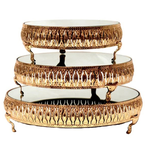 Ensemble de 3 supports à gâteau en laiton et cristal de luxe, finition dorée antique écologique, décoration de table de mariage, fruits, desserts - Product Image 1