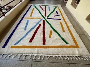 Alfombra Persa Blanca Multicolor de Lana, Tejida a Mano, Pelo Medio, Apta para Mascotas, con Flecos, Diseño Geométrico, Antideslizante y Ecológica - Product Image 2