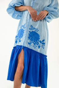 Women Cotton Embroidered <b>Boho</b> <b>Dress</b> Blue Floral V Neck Puff Sleeve Tiered Casual <b>Summer</b> Midi <b>Dress</b> - Product Image 6