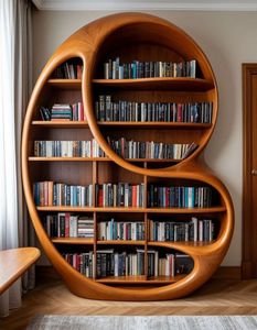 Luxury Modern Teak Wood Bookshelf with Artistic Curved <b>Open</b> Shelves for Contemporary Interior - Product Image 1