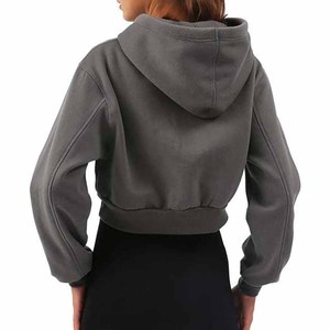 Sudadera con Capucha Corta Gris para Mujer, Manga Larga, Color Sólido, Informal, Tejida, para Otoño - Product Image 2