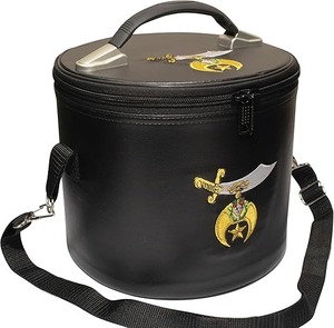 Premium Masonic Shriner Fez Hat Case <b>Black</b> Leather – Dual Emblems Front & Top (Machine Embroidery) with Shoulder Strap - Product Image 1