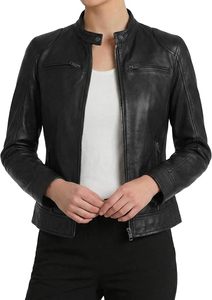 Chaqueta de Motociclista de Cuero Genuino para Mujer, Color Marrón, Cuello Alto, Cierre de Cremallera, Manga Larga, Estilo Biker, para Otoño - Product Image 4