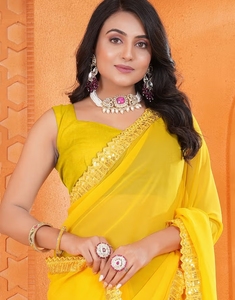 KV Women's Traditional Georgette Rayon Yellow Embellished Designer <b>Saree</b> Wrinkle-Free Reversible Party Unstitched <b>Blouse</b> - Product Image 3
