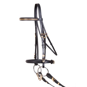Brides de cheval équestre avec broband perlé doré en cuir véritable - Product Image 1
