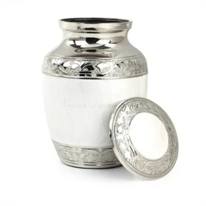 Urne funéraire classique en métal finition marbre blanc pour cendres, conservation et souvenir d'amour, économique - Product Image 1