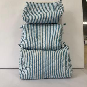 Ensemble de trousses de maquillage en coton matelassé à rayures bleues, sac cosmétique, organiseur de voyage, trousse de toilette, trousse à fermeture éclair - Product Image 1