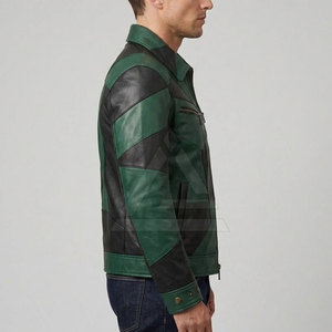 Veste Moto Homme en Cuir Véritable Color Block Respirante Écologique Style Streetwear Patchwork Col Zippé Vert – Vente en Gros - Product Image 3