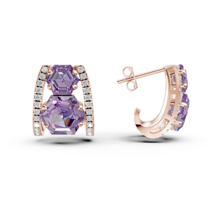 Rose <b>Gold</b> Plated Amethyst Stud Earrings With Round Diamond Accents Geometric Luxury Design For Women Party Jewelry - Product Image 2