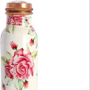 Botella de cobre hecha a mano con estampado floral rosa, ideal para el uso diario de niñas, decoración del hogar y como idea de regalo especial, hecha a mano en India. - Product Image 1