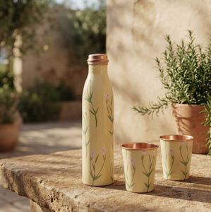 Floral Pattern <b>Metal</b> <b>Water</b> <b>Bottle</b> with Copper Lid and Matching Cups Portable Travel Drinkware Set - Product Image 6