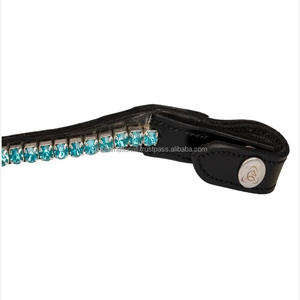 Banda para la frente de alta calidad con cristales redondos brillantes y cierre de botón a presión Forma de onda Banda para la frente de caballo de cuero inglés negro - Product Image 6