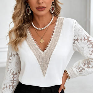 SWEET BABE Vente Flash Blouse en dentelle blanche pour femme, manches classiques, col en V, coupe ajustée, respirante, avec collier de perles, Printemps-Été - Product Image 3