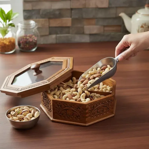 Boîte à épices en bois sculptée à la main avec couvercle en verre |   Boîte à masala à 6 compartiments | - Product Image 5