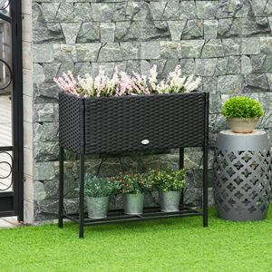 Letto da giardino in metallo sopraelevato di Design nero moderno con aspetto in Rattan e deposito di utensili - Product Image 2