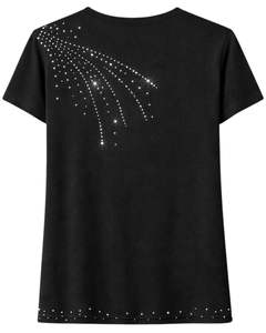 Camiseta de algodón negra personalizada para mujer con diseño de borlas de diamantes de imitación, manga corta, cuello redondo, top informal de moda para damas, venta al por mayor. - Product Image 2