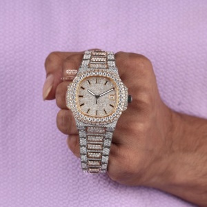 Luxury Moissanite Diamond Iced Out <b>Watch</b> White Yellow Two Tone Hip Hop Stick DIal Stainless Steel Autoamtic <b>Mens</b> WristWatch - Product Image 1