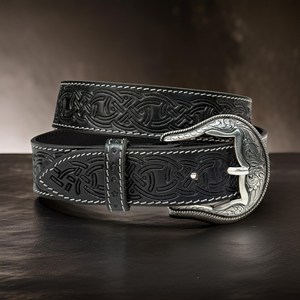 Burgundy Tooled Leather <b>Belt</b> Rose Flower Metal Buckle Western Style <b>Belt</b> for Trousers From Direct factory price with Low OEM MOQ - Product Image 6