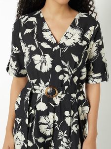 Mono estampado floral para mujer con cintura con cinturón, cintura alta, corte holgado, manga corta, cuello redondo, informal, para primavera y verano - Product Image 3