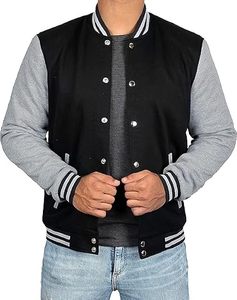 Blouson universitaire pour homme noir et gris à manches contrastées, style baseball décontracté, col rabattu, fermeture boutonnée, en polyester et coton, vêtement d'extérieur pour l'automne - Product Image 5