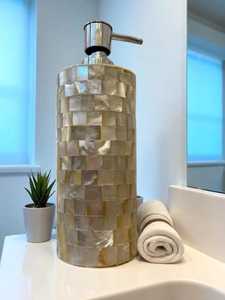 Distributeur de savon en métal avec finition nacre naturelle résistant à l'eau, pour ensembles d'accessoires de salle de bain, prix de gros - Product Image 3