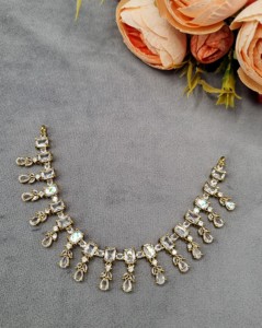 Antique Gold Plated Emerald & Oval <b>Cut</b> <b>Stone</b> Studded American Diamond Necklace Set With Coordinating Earring AD Jewelry Supplier - Product Image 3