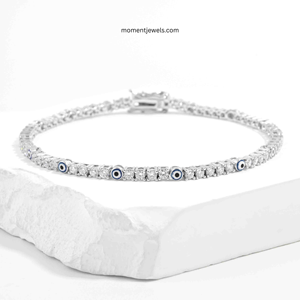Pulsera de tenis de plata de ley 925 chapada en platino con circonita y amuleto de protección Nazar, joyería streetwear - Product Image 1