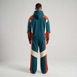 Ensemble de survêtement d'hiver pour homme, couleur unie, bleu sarcelle et orange, avec sweat à capuche zippé et pantalon large, style streetwear et sportswear, cool - Product Image 3