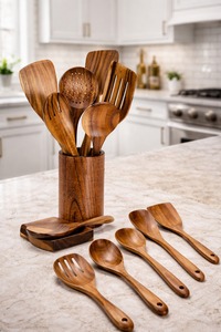 Ustensiles de cuisine en bois naturel antiadhésifs, spatules en teck, outils de cuisson en bois, cuillères en bois pour la cuisson, fourchette à salade - Product Image 4