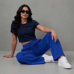 Pantalones Deportivos de Punto para Mujer, Color Azul, Pierna Ancha, Cintura Alta con Cordón, Corte Holgado Informal, Largos, Color Sólido - Product Image 4