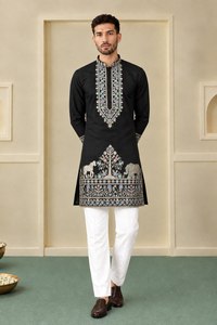 Kurta de seda negra para hombre con motivos bordados de árboles y animales, conjunto Churidar blanco para boda, tradicional indio pakistaní - Product Image 1