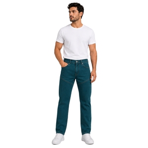 Pantalones vaqueros de mezclilla de pierna recta para hombre, color azul verdoso, corte regular, estilo casual, cinco bolsillos, pantalones de estilo urbano con logotipo de cuero - Product Image 1