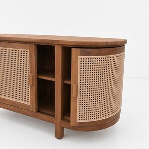 Teak Rattan Credenza Curved <b>Sideboard</b> Cabinet Solid Teak Wood Buffet <b>Storage</b> Cupboard Console Unit Living Dining Room Furniture - Product Image 3