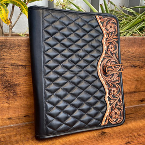 Hand Tooled Quilted Genuine Cow Leather Business Multi-function Portfolio Folder High Quality Luxury <b>Organizer</b> <b>File</b> Portfolio - Product Image 4