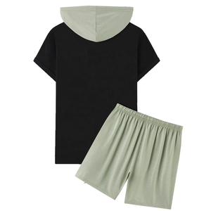 Conjunto de Camiseta de Manga Corta con Capucha para Hombre, Color Sólido, Felpa Francesa Transpirable de 380g, Ropa Casual de Otoño con Pantalones con Cordón - Product Image 3