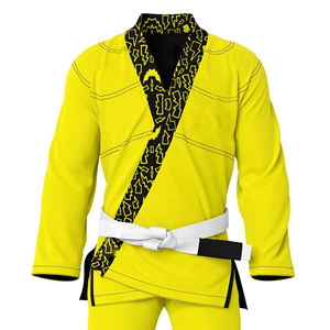 Kimono de BJJ jaune avec col à motifs noirs et ceinture blanche, coupe régulière, unisexe, adulte, vêtements d'arts martiaux, 100 % polyester, séchage rapide - Product Image 3