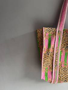Sac fourre-tout en coton imprimé tigre rose et vert, motif à panneaux, ouverture supérieure, sac de shopping tendance, idéal pour l'été, CADEAU POUR ELLE - Product Image 2