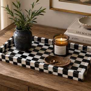 Rectangular Checkered Design Resin Inlay Tray Black White <b>Mosaic</b> Home Decor Serving Tray Modern Table Organizer - Product Image 4