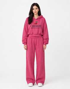 Conjunto de Sudadera con Capucha y Pantalones 2 en 1 de Forro Polar Rosa para Mujer ONETEN, Estampado de Letras de Cereza, Chándal Informal Holgado para Otoño - Product Image 5