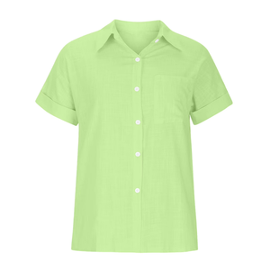 Chemise en lin à manches courtes pour femme, couleur unie, col rabattu, coupe classique, haut décontracté pour le printemps et l'été - Product Image 2