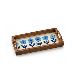 Plateau de service rustique en bois avec bord en écorce - Plateau rectangulaire en bois de manguier avec bordure en écorce d'arbre naturelle pour table basse ou ottoman - Product Image 5