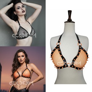 Neon Orange Fishnet Spiked Halter Bra With Black Leather Trimmed Mesh Bralette with Punk Spikes & O-Rings - Product Image 5