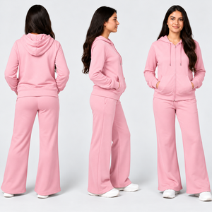Conjunto Deportivo Casual de Dos Piezas para Mujer al por Mayor: Sudadera con Cremallera y Pantalones Anchos Acampanados - Product Image 1