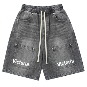 Pantalones Cortos de Skate para Hombre con Logotipo Personalizado, Lavado Ácido, 100% Algodón, Tejido de Mezclilla Gruesa, Cintura Media, Cierre de Cremallera, Ajuste Holgado, Estilo Casual - Product Image 1