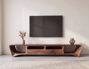 Meuble TV en bois de noyer courbé bio, style moderne et profil bas, console de rangement multimédia unique pour salon – Vente chaude fournisseur indien - Product Image 1