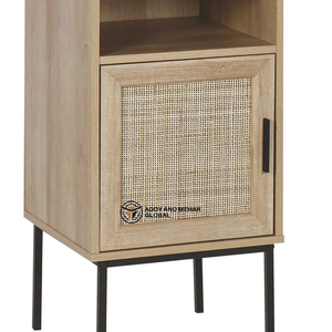 Mesita de Noche Moderna de Madera Clara con Puerta de Mimbre, Mesita de Noche Minimalista con Estante de Almacenamiento y Patas Metálicas, Estilo Escandinavo - Product Image 4