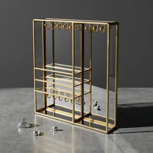 Artisan Design SH27 Brass/Glass/Mirror Jewelry Organizer with <b>Hooks</b> <b>Shelves</b> for Rings Earrings Necklace Storage (11x11.75x2.25") - Product Image 1