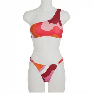 Ensemble bikini asymétrique à une épaule pour femme, imprimé géométrique, extensible, en spandex et polyester, bas de bikini string, coupe classique - Product Image 1