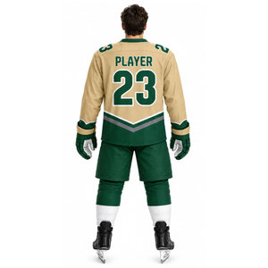 Ensemble de maillot de hockey sur glace pour homme, vert et or, imprimé par sublimation, évacuation de l'humidité, manches longues, uniforme adulte, col en V, coupe classique - Product Image 4